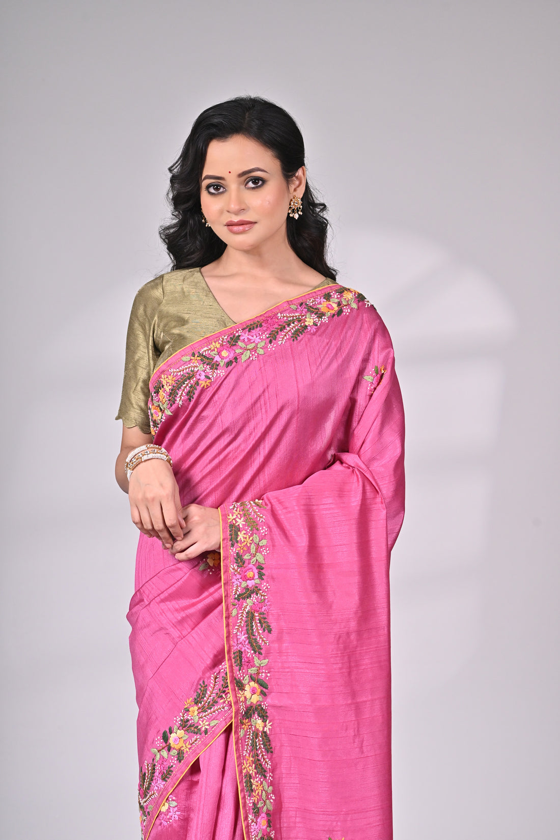 Premium Semi Tussar Saree with Intricate Embroidery – Pink