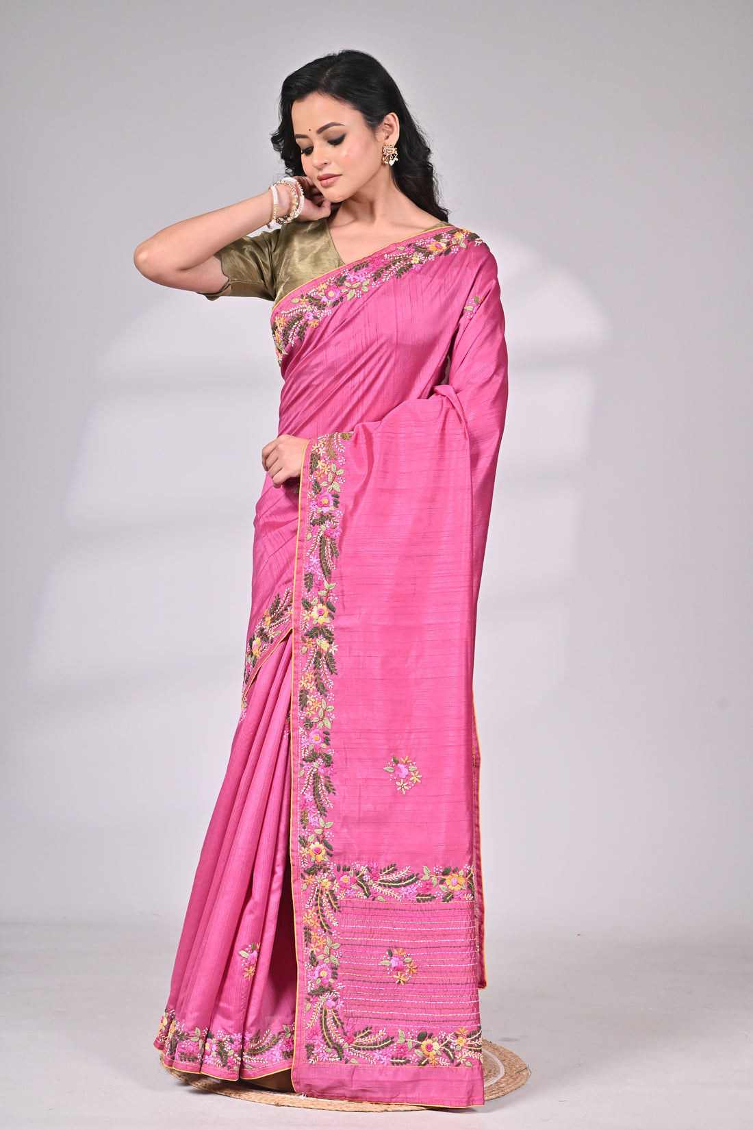 Premium Semi Tussar Saree with Intricate Embroidery – Pink