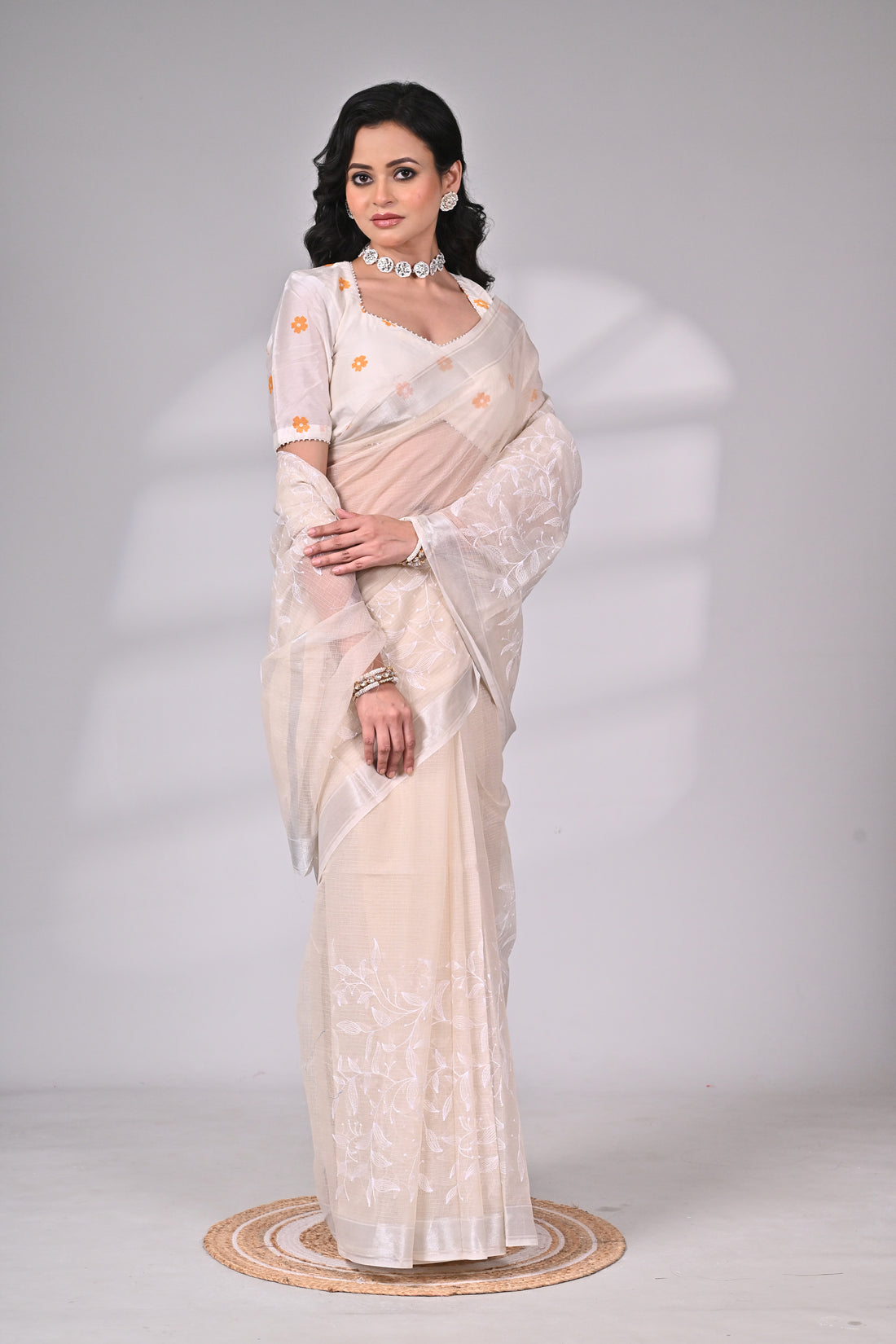 Elegant Kota Doria Saree with White Thread Embroidery – Ivory