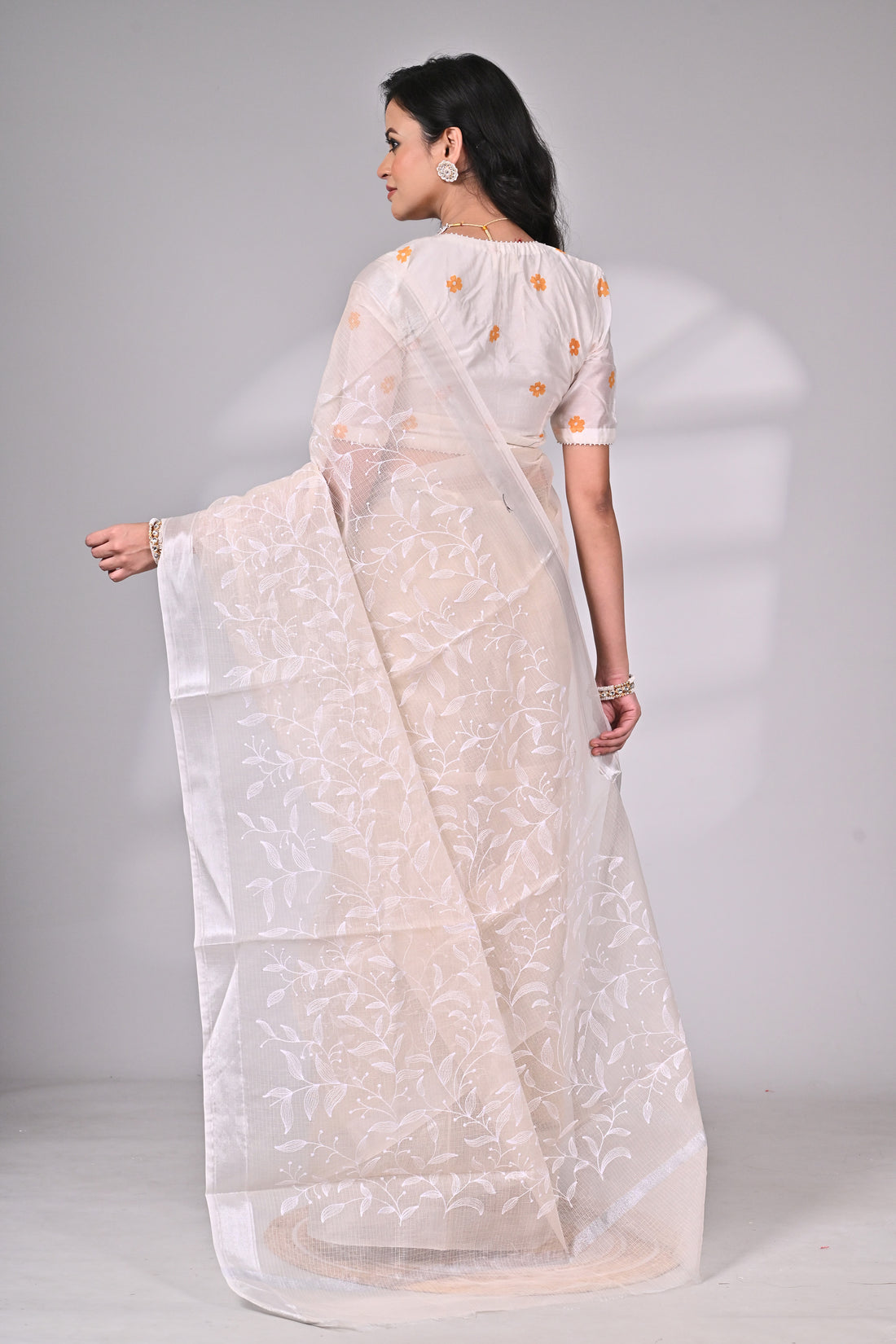 Elegant Kota Doria Saree with White Thread Embroidery – Ivory