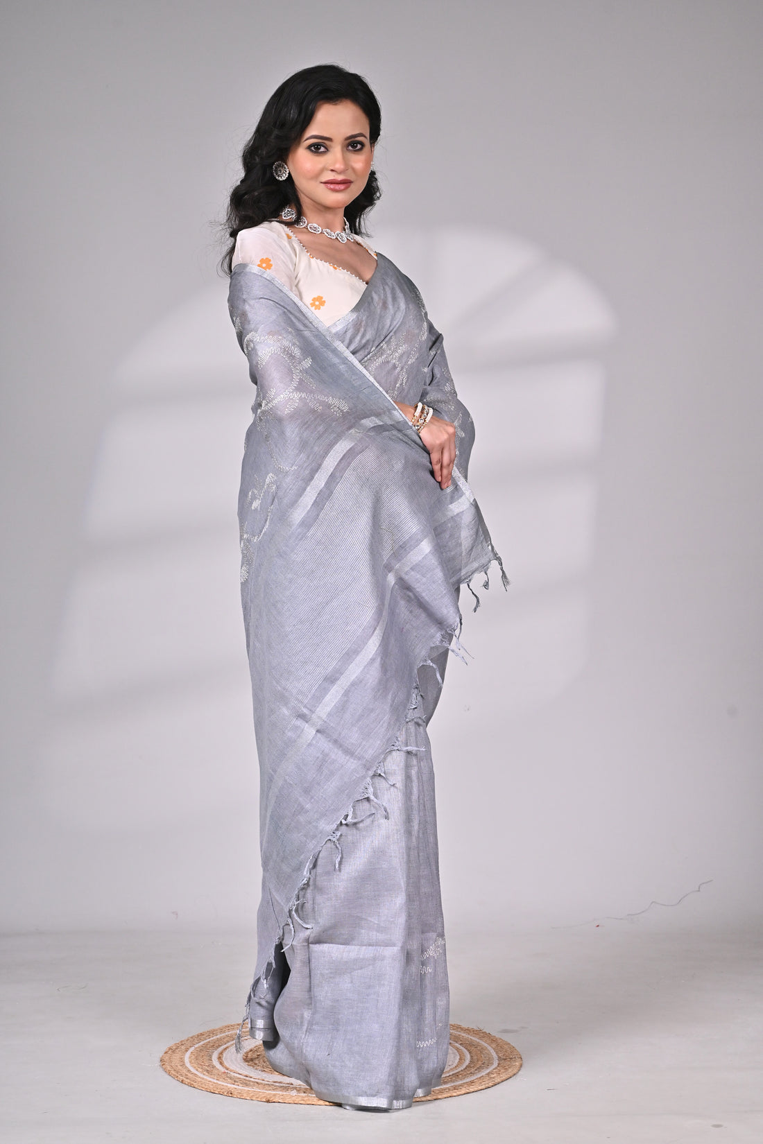 Linen Saree in Soft Grey with Delicate Thread Embroidery
