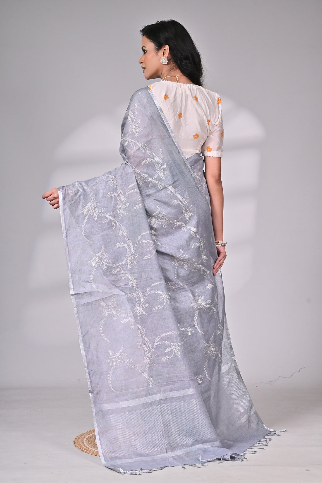 Linen Saree in Soft Grey with Delicate Thread Embroidery