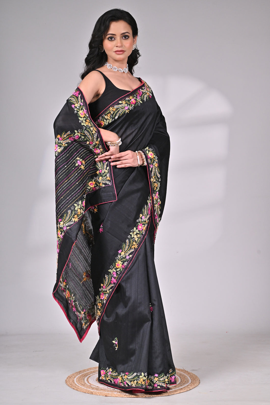 Premium Semi-Tussar Saree in Black with Exquisite Hand Embroidery