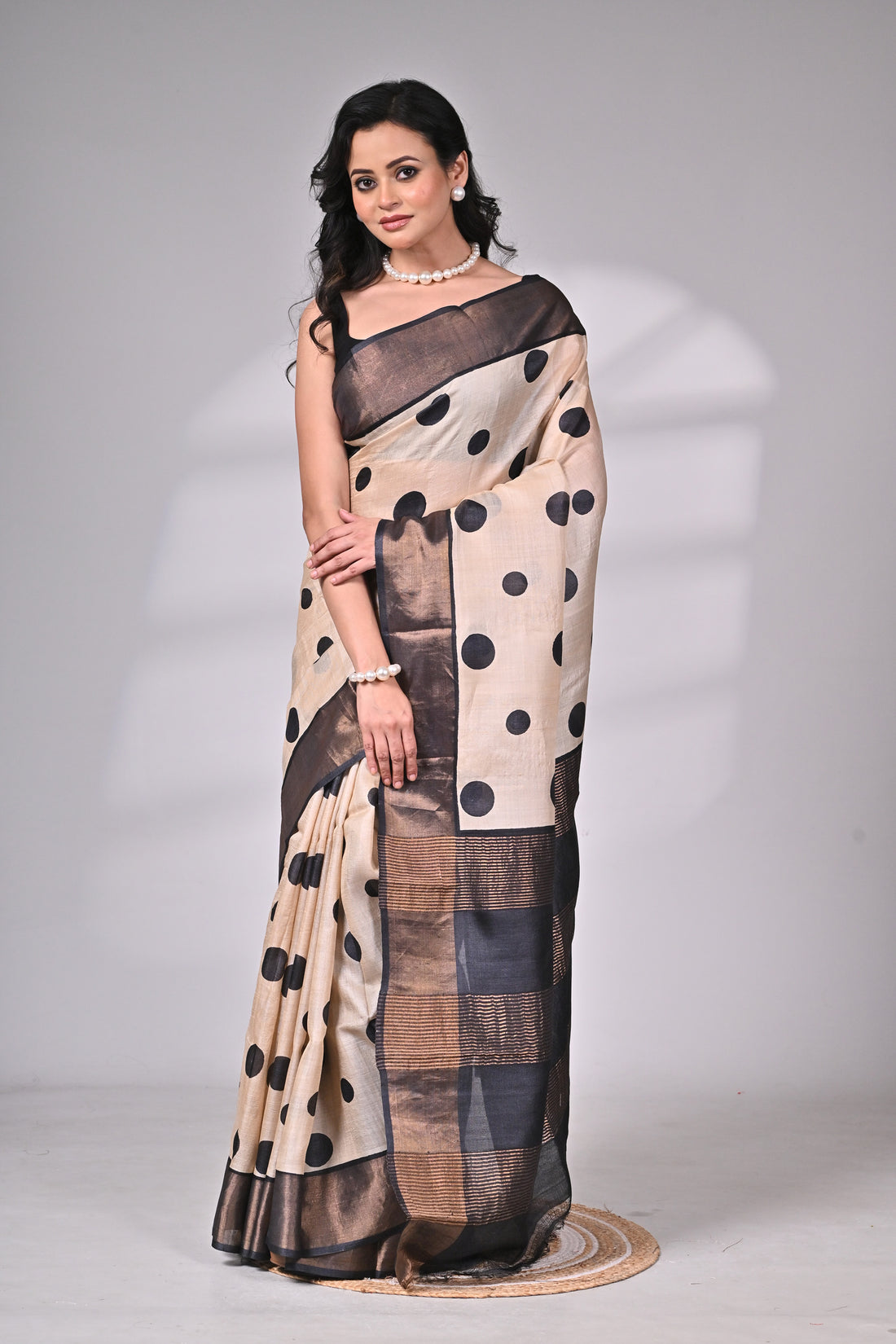 Premium Handloom Tussar Silk Saree in Cream & Black with Bold Polka Design