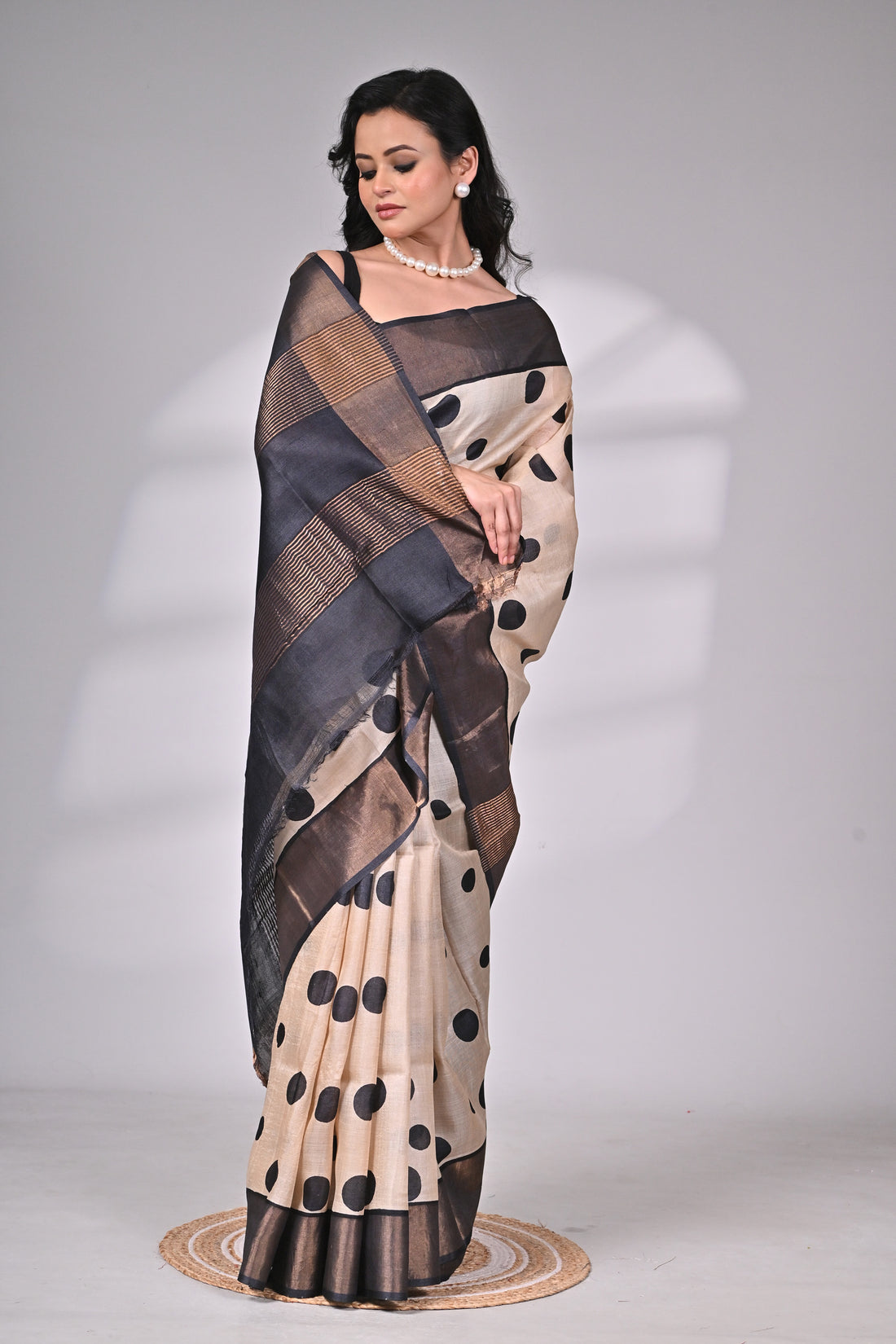 Premium Handloom Tussar Silk Saree in Cream & Black with Bold Polka Design