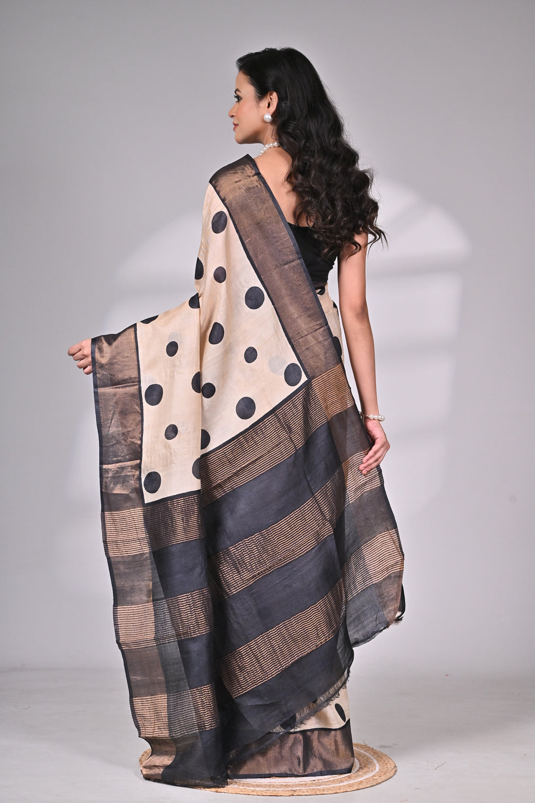 Premium Handloom Tussar Silk Saree in Cream & Black with Bold Polka Design