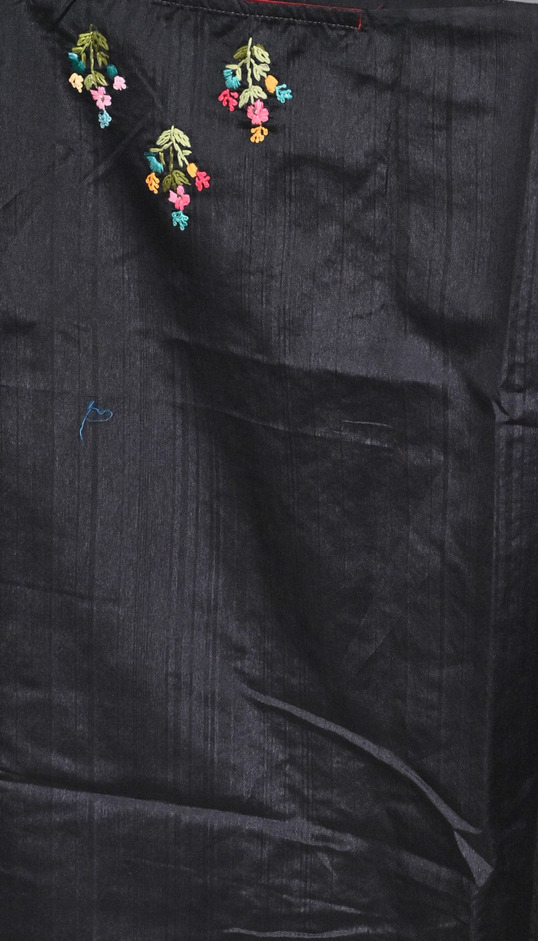 Premium Semi Tussar Saree in Black with Multicolor Hand Embroidery