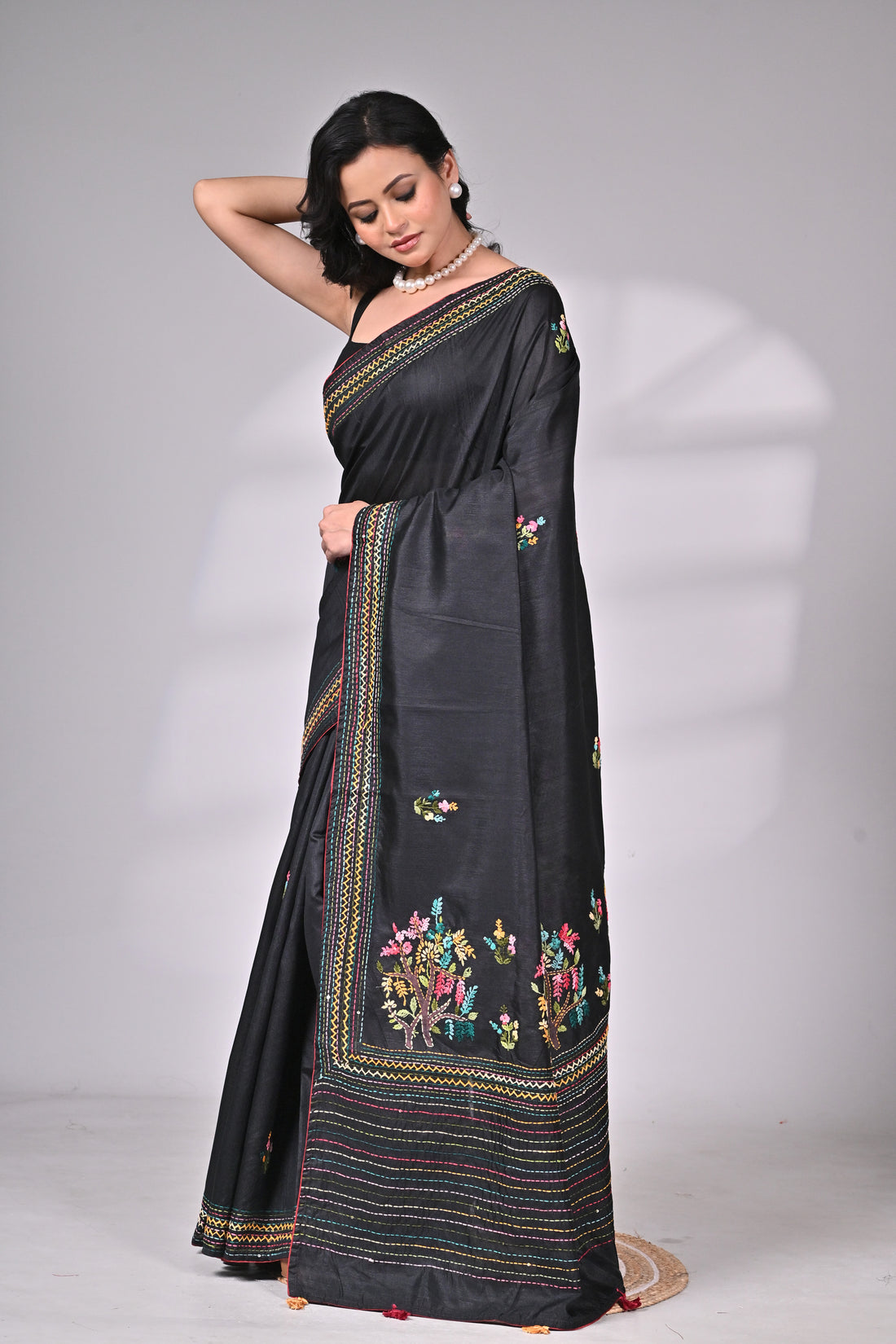 Premium Semi Tussar Saree in Black with Multicolor Hand Embroidery