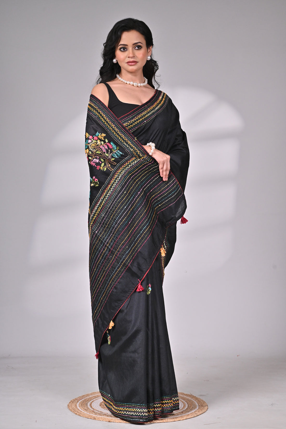 Premium Semi Tussar Saree in Black with Multicolor Hand Embroidery