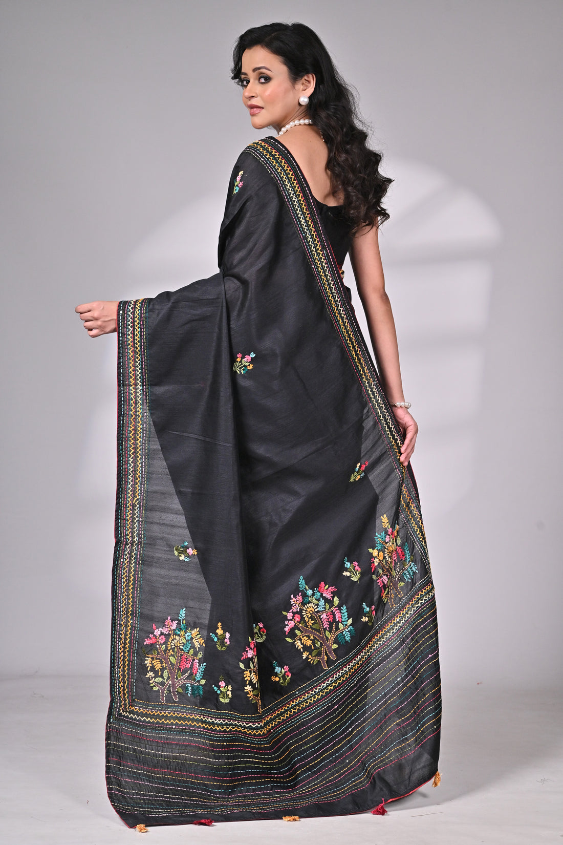 Premium Semi Tussar Saree in Black with Multicolor Hand Embroidery
