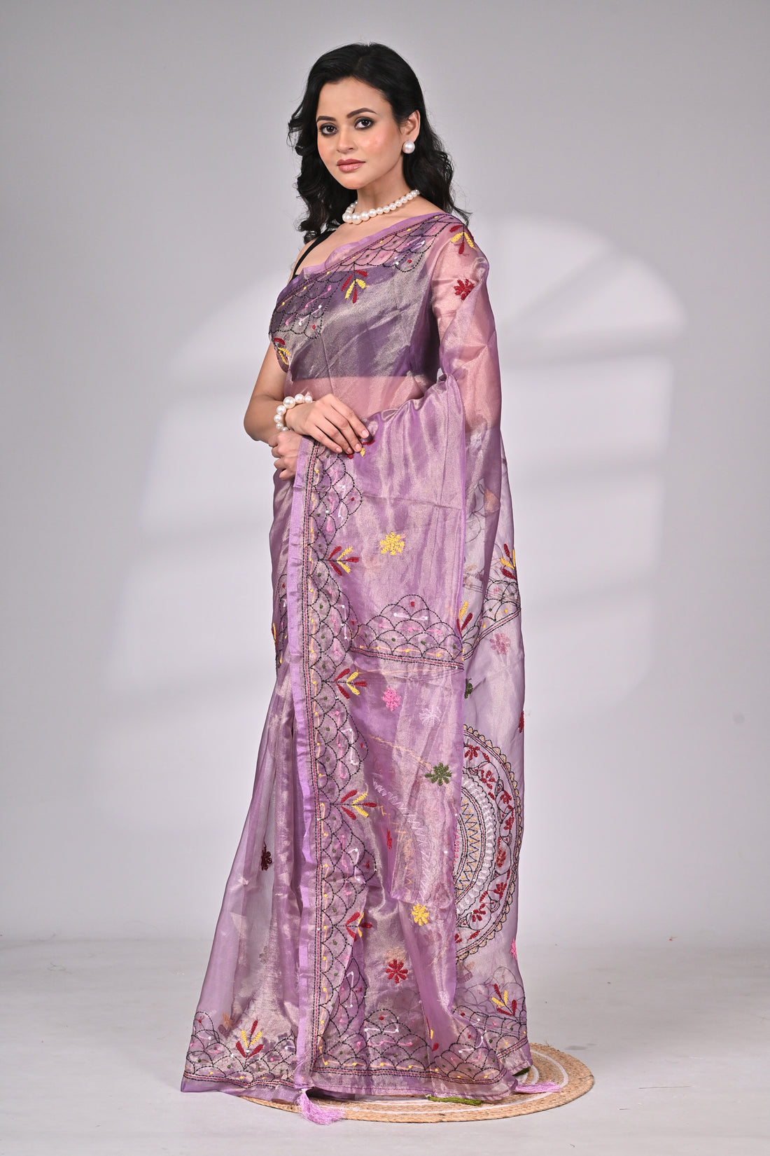 Premium Lavender Glass Tissue Saree with Hand Embroidery