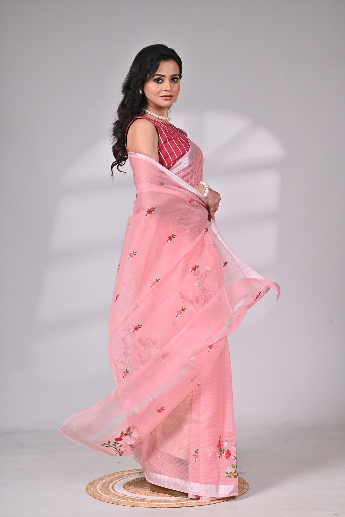 Pastel Pink Kota Doria Saree with Delicate Embroidery