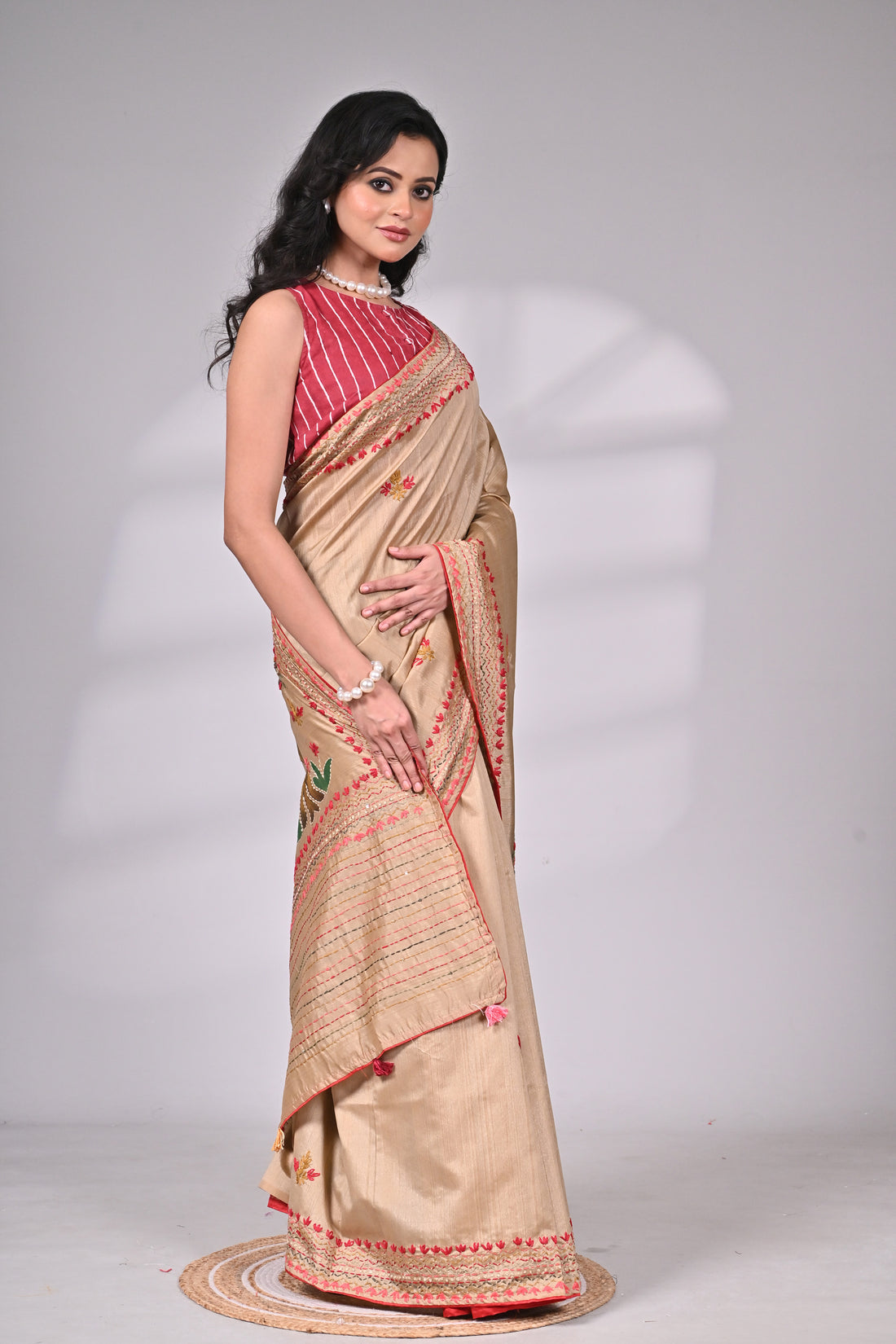 Premium Semi Tussar Saree with Exquisite Hand Embroidery-Beige