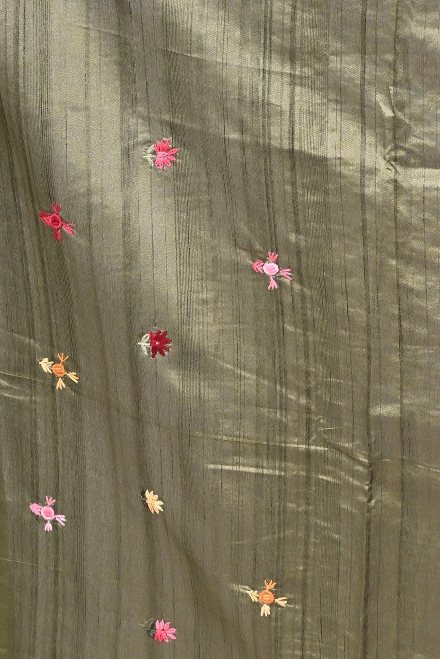 Olive Green Semi Tussar Premium Saree with Hand Embroidery