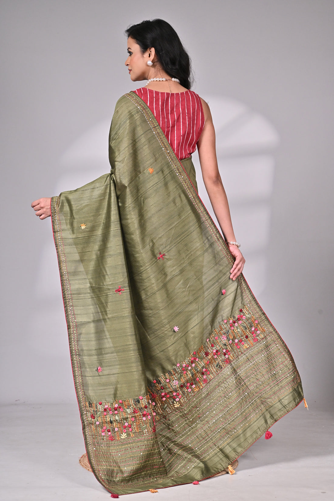 Olive Green Semi Tussar Premium Saree with Hand Embroidery