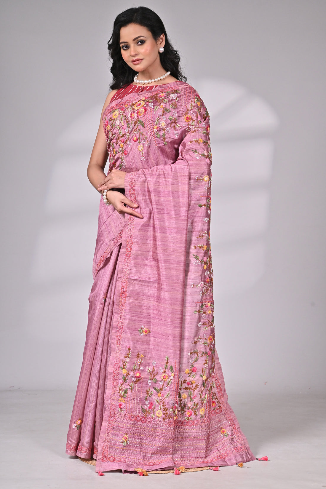Pink Semi Tussar Saree with Hand Embroidery – Premium Collection