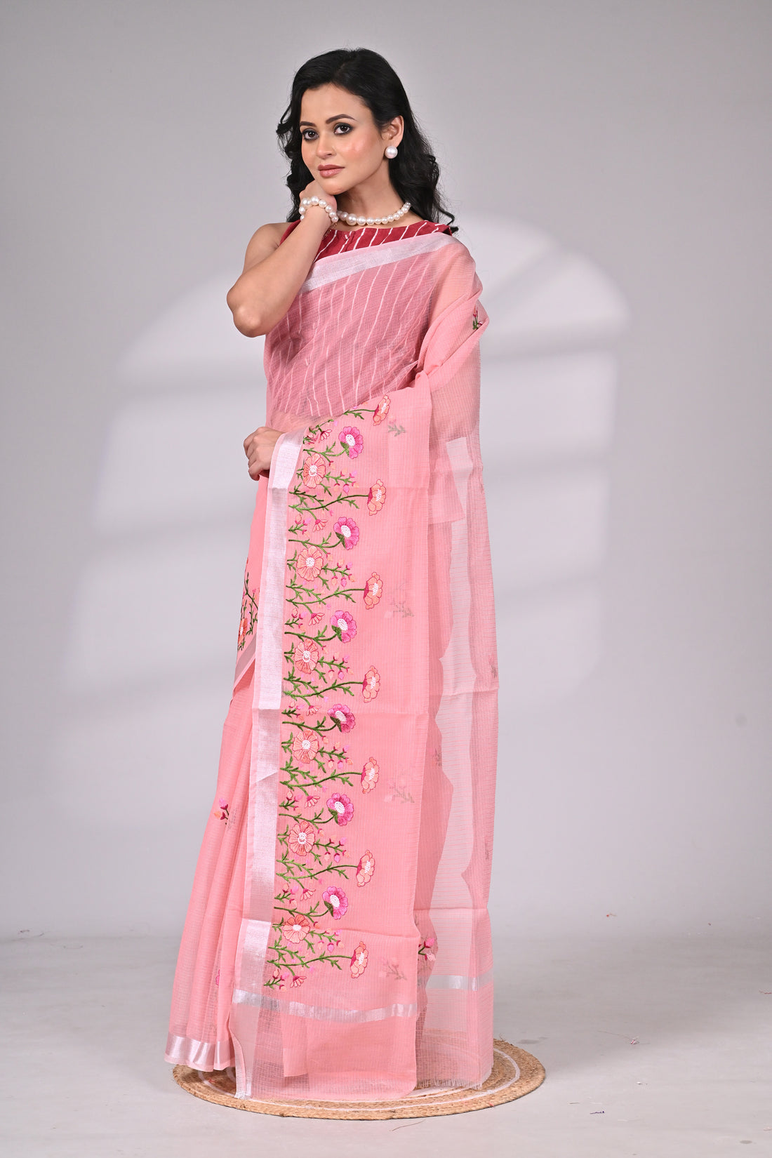 Peach Kota Doria Saree with Embroidery