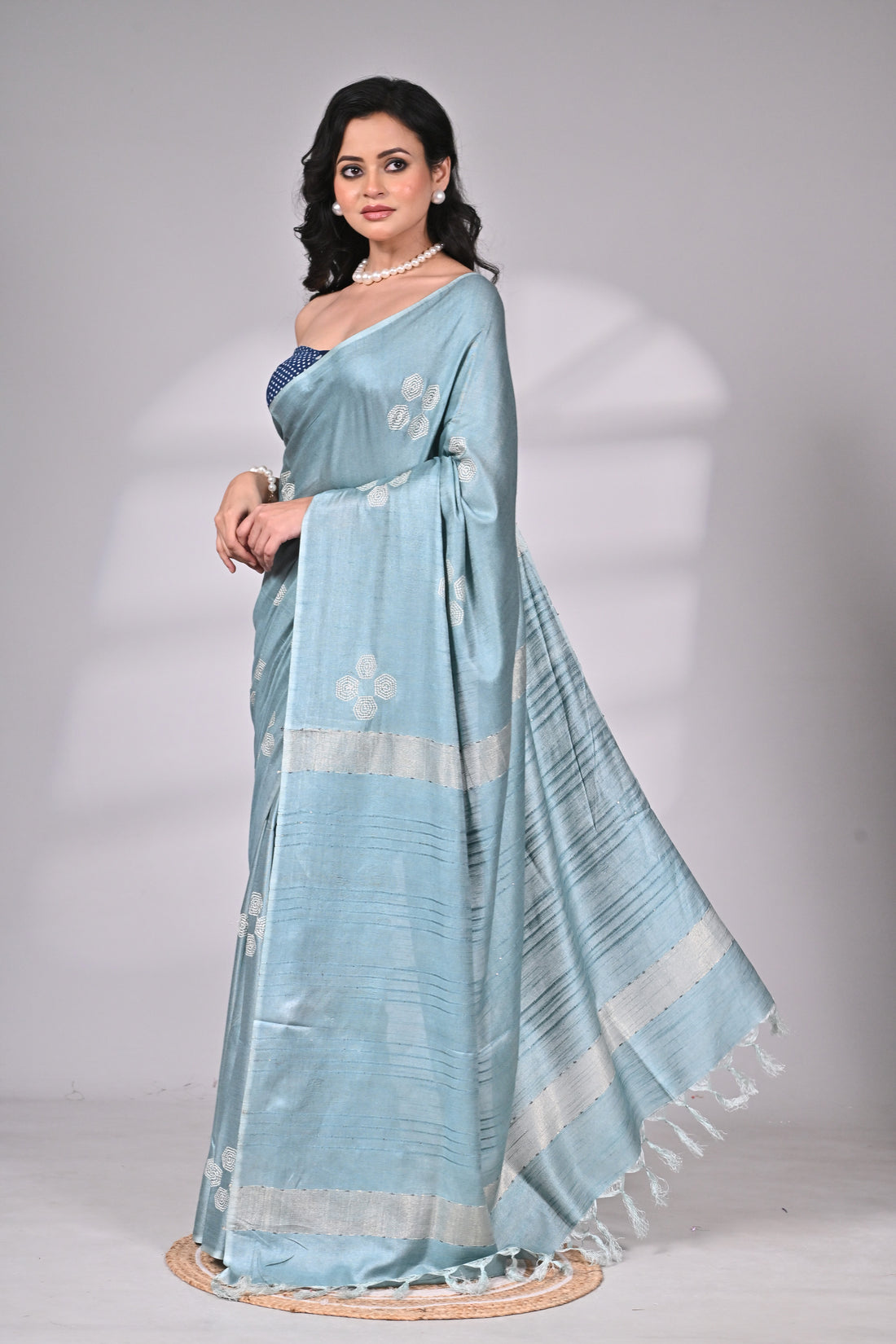 Soft Silk Saree in Aqua Blue with Elegant Embroidery