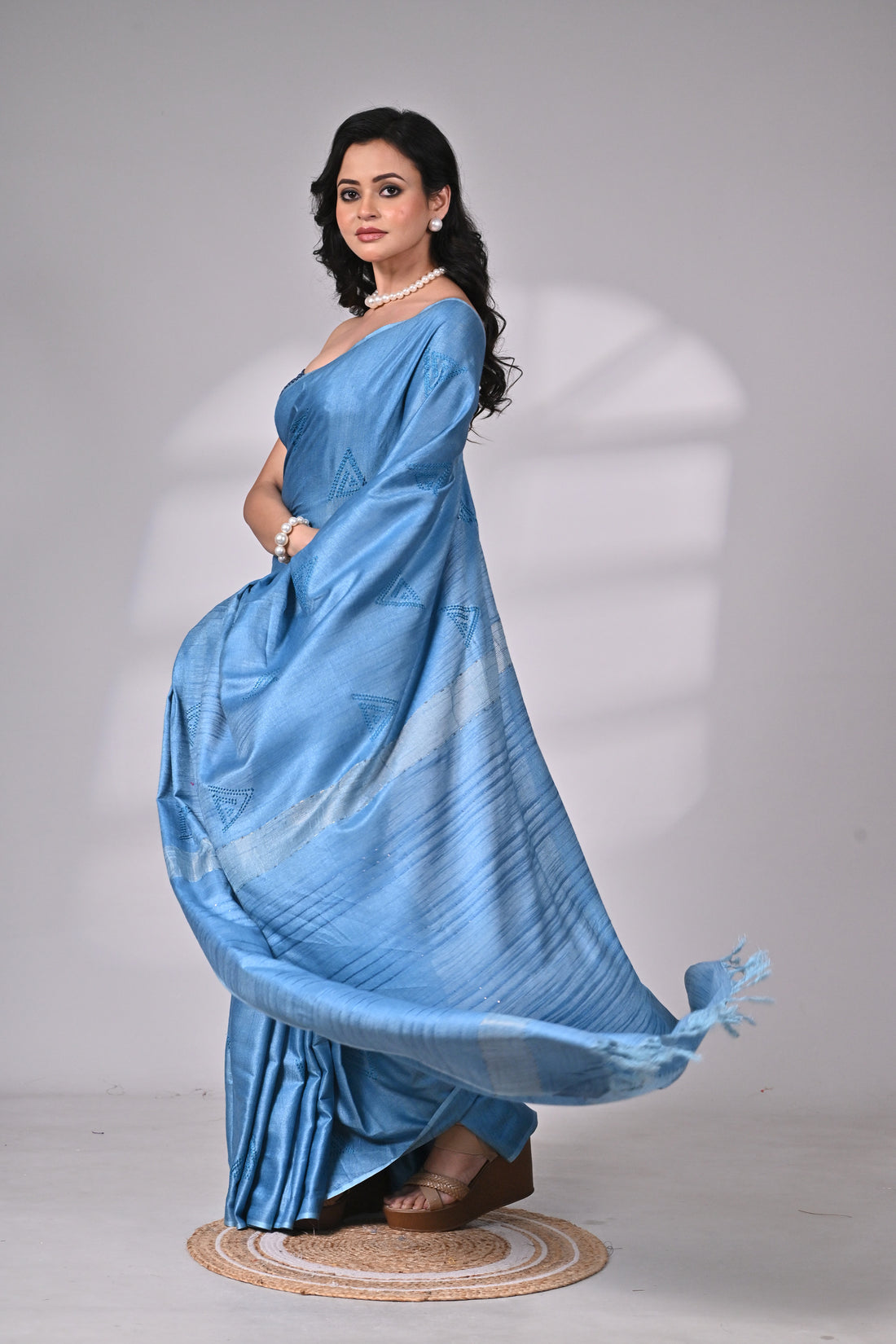 Soft Silk Saree in Sky Blue with Subtle Embroidery