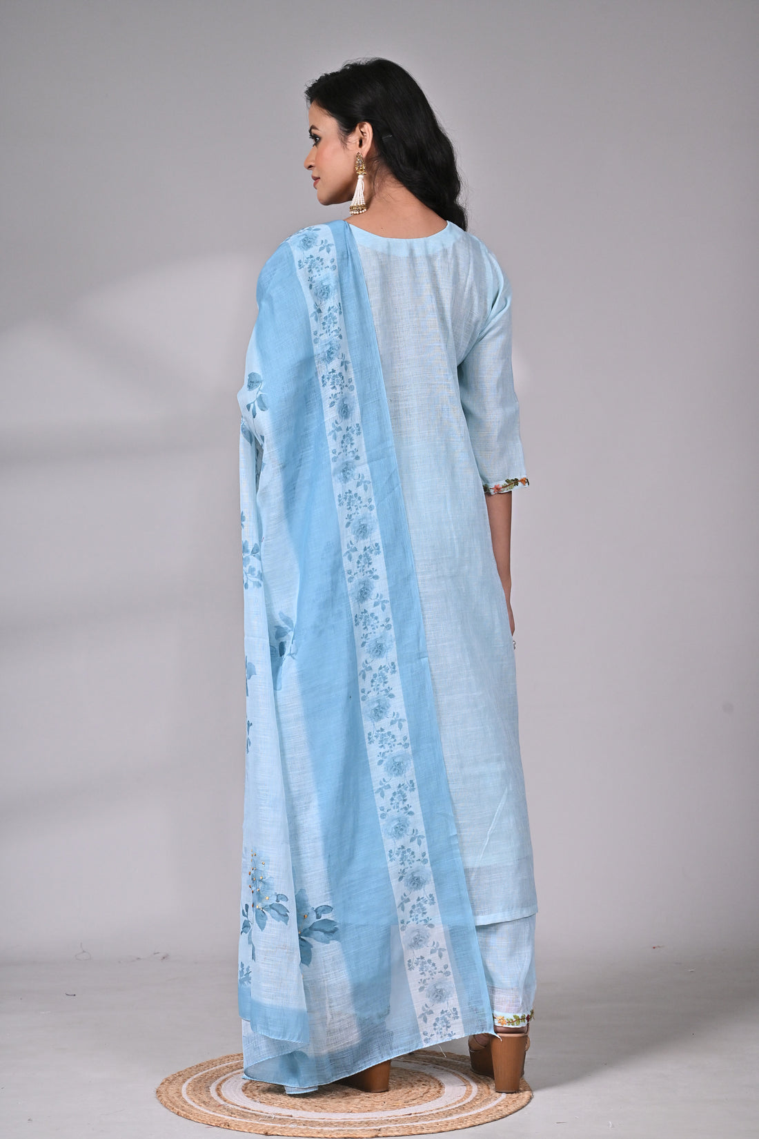 Powder Blue Mul Linen Hand Embroidered Suit Set with Floral Printed Dupatta