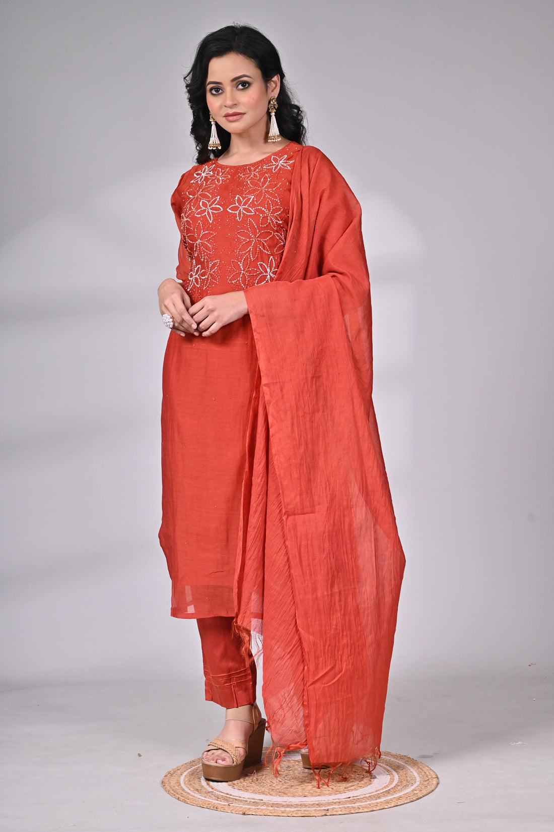 Rust Silk Blend Suit Set with Hand Embroidered Floral Kurta and Dupatta
