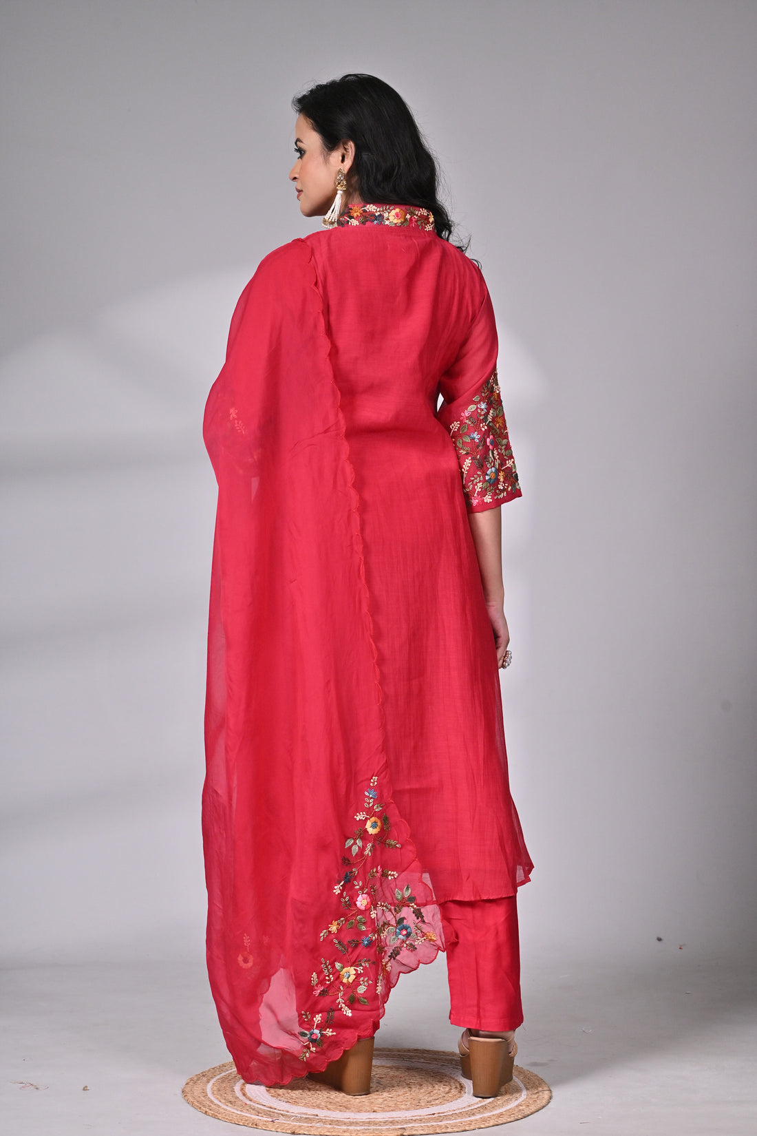 Crimson Cotton-Silk Suit with Intricate Hand Embroidery