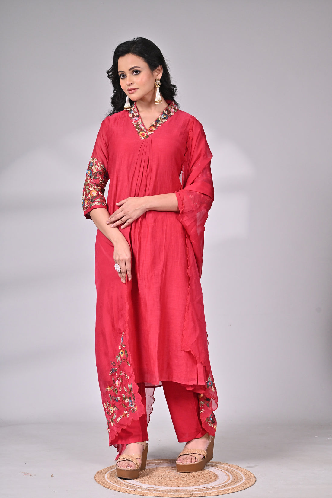 Crimson Cotton-Silk Suit with Intricate Hand Embroidery