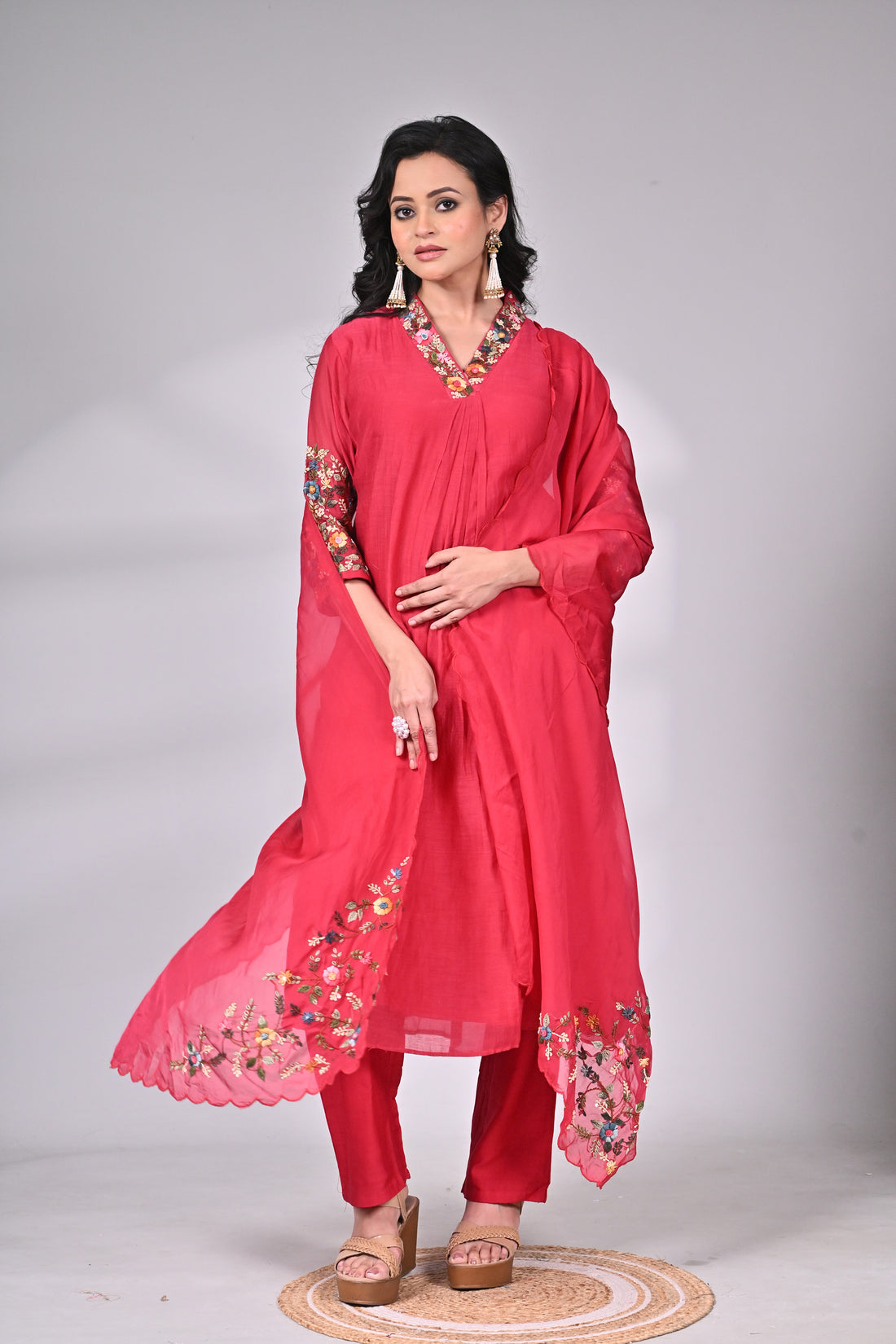 Crimson Cotton-Silk Suit with Intricate Hand Embroidery