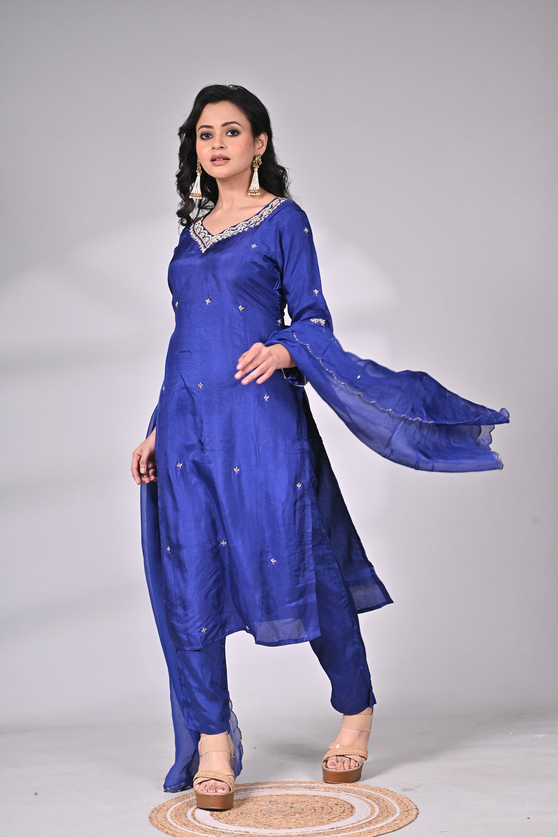 Royal Blue Silk Blend Hand Zari Embroidered Suit Set