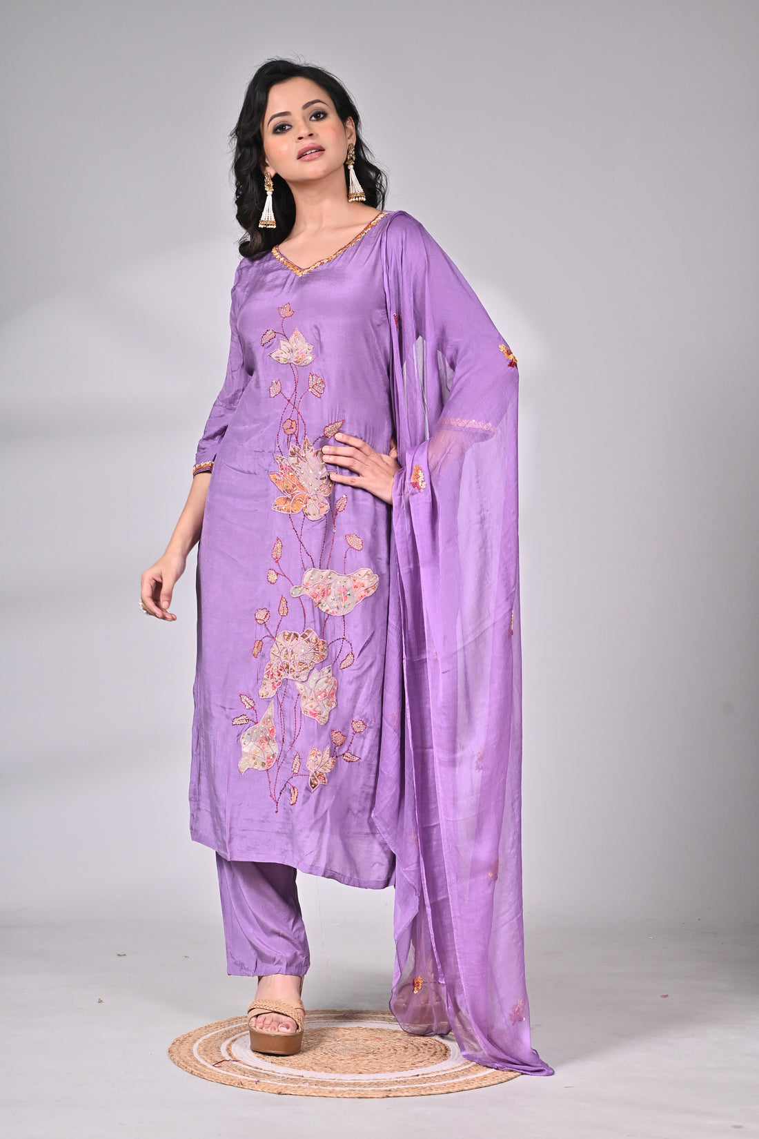 Lavender Muslin Silk Suit Set with Appliqué and Hand Embroidery