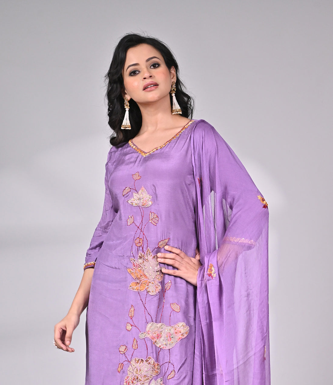 Lavender Muslin Silk Suit Set with Appliqué and Hand Embroidery