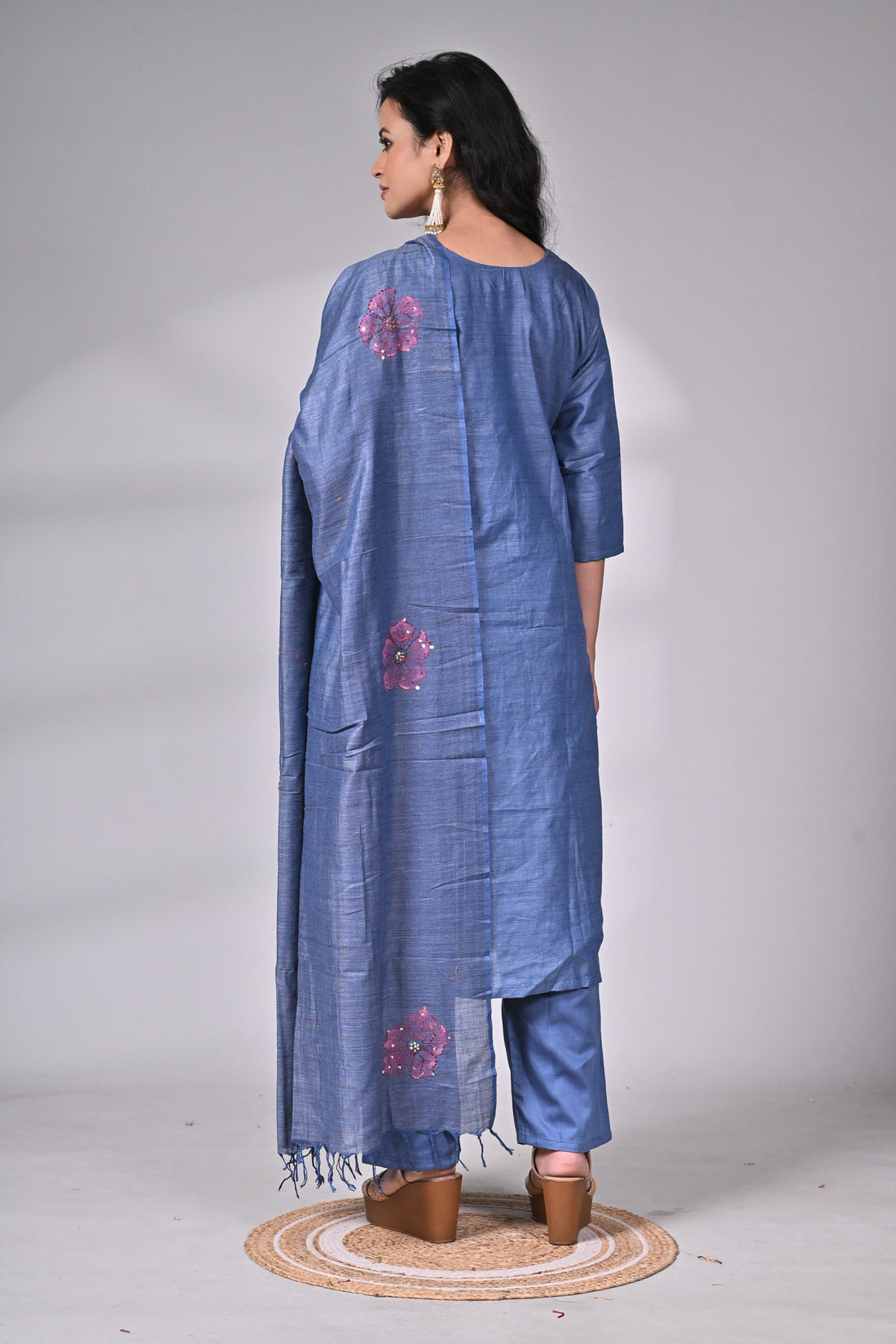 Blue Linen Cotton Suit Set with Hand Embroidery and Floral Dupatta