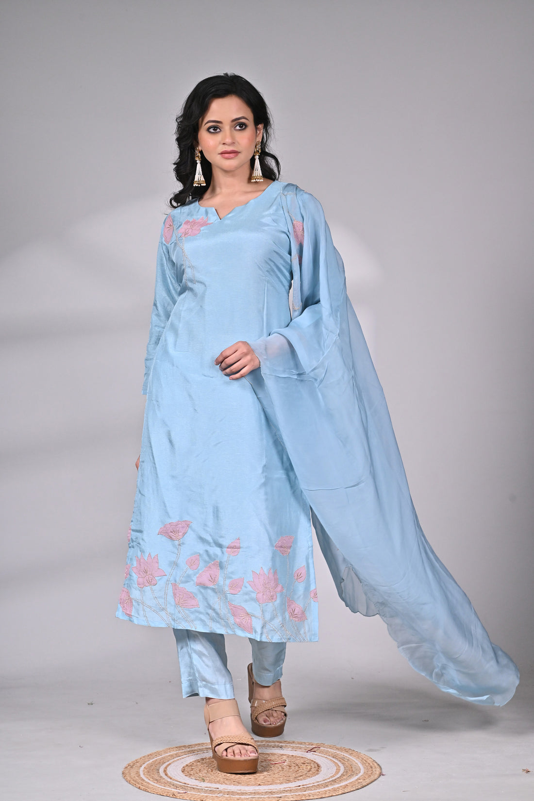 Powder Blue Silk Blend Suit Set with Lotus Appliqué and Hand Embroidery
