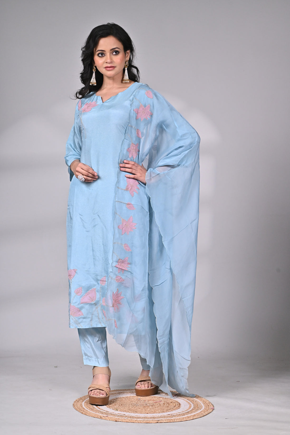 Powder Blue Silk Blend Suit Set with Lotus Appliqué and Hand Embroidery