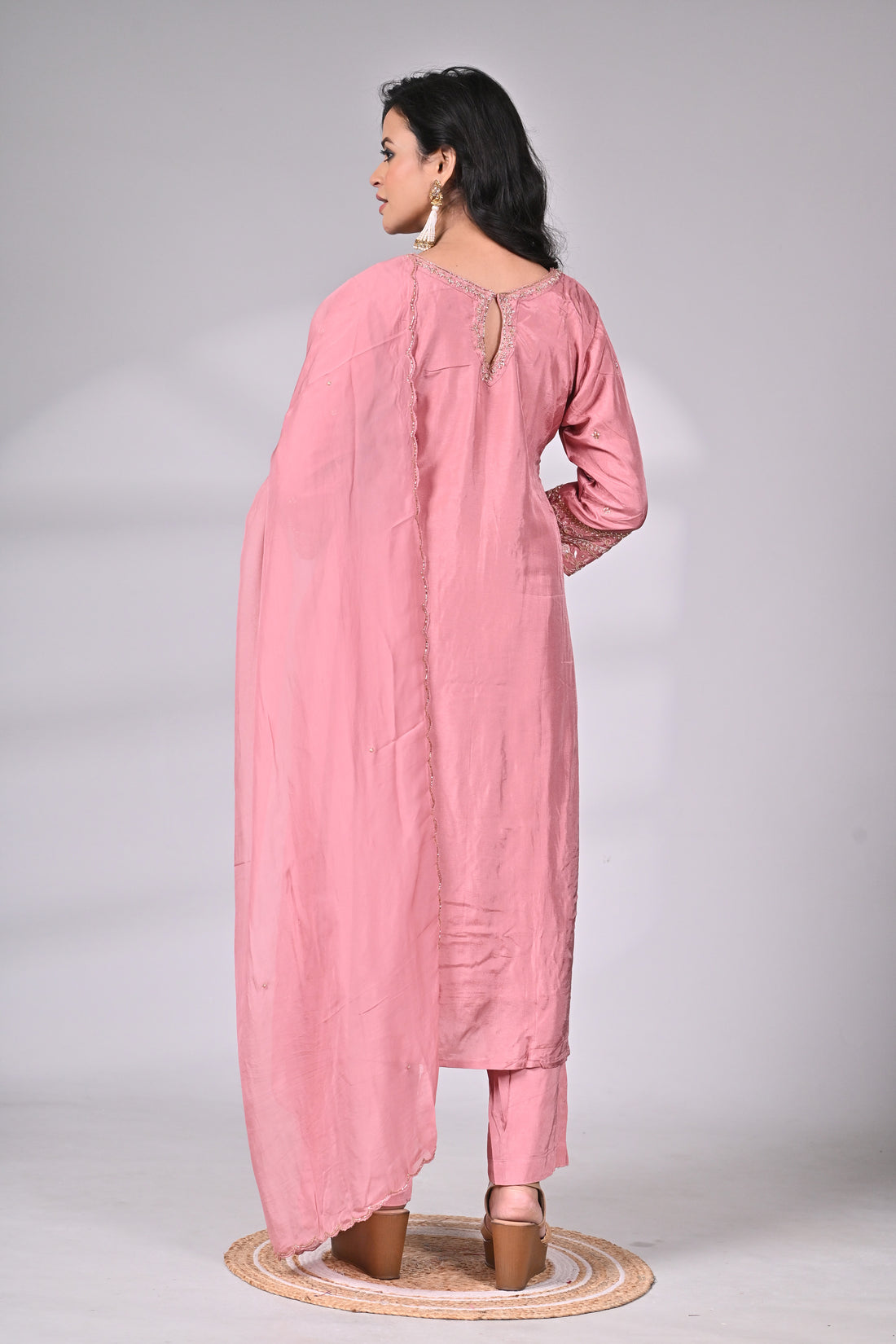 Blush Pink Silk Blend Suit Set with Hand Zari Embroidery