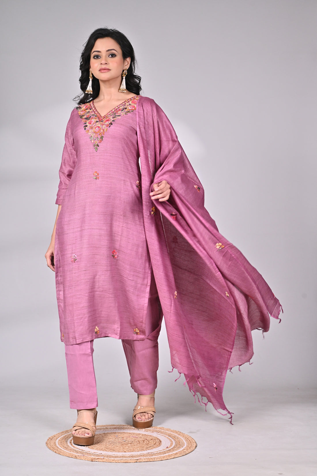 Rose Pink Cotton Linen Suit Set with Hand Embroidery and Dupatta