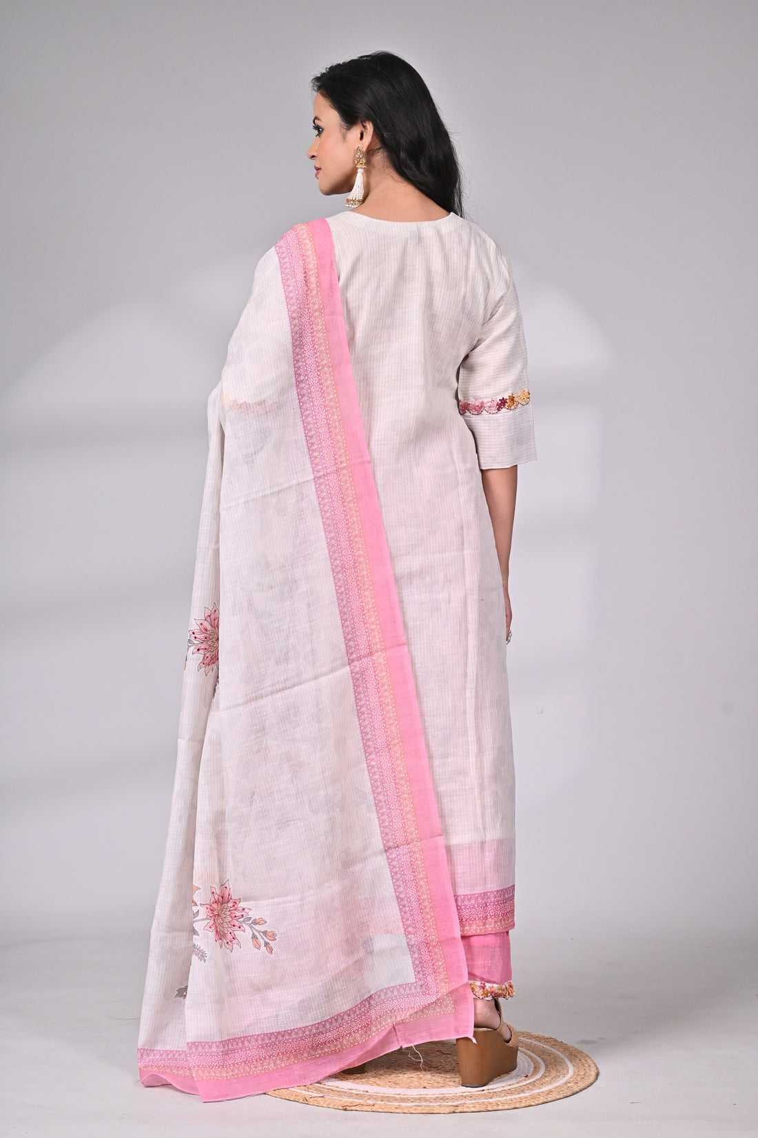 Ivory Linen Cotton Suit Set with Floral Hand Embroidery and Pink Dupatta