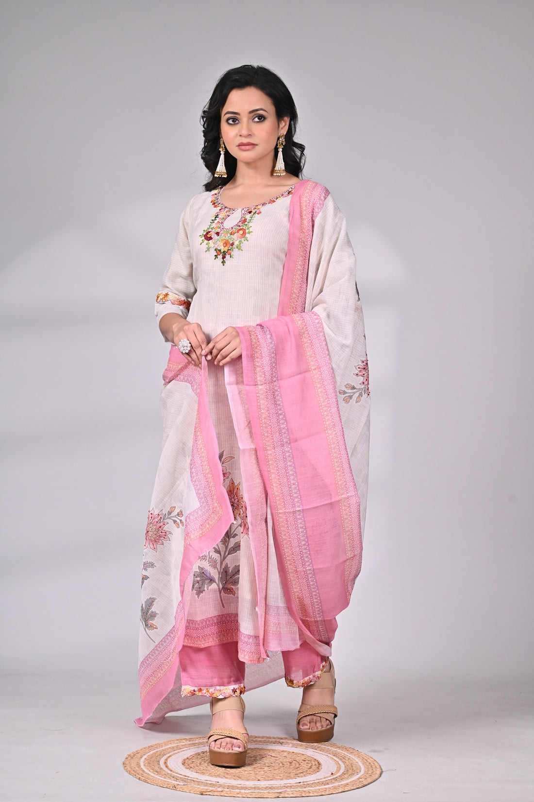 Ivory Linen Cotton Suit Set with Floral Hand Embroidery and Pink Dupatta