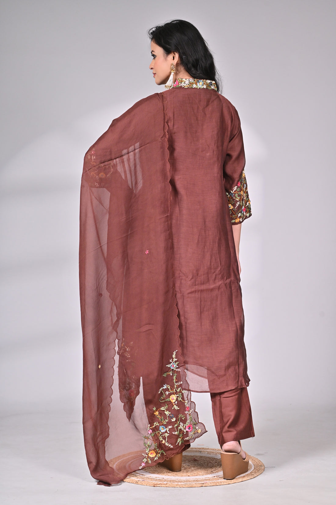 Elegant Brown Cotton Silk Embroidered Suit Set with Dupatta