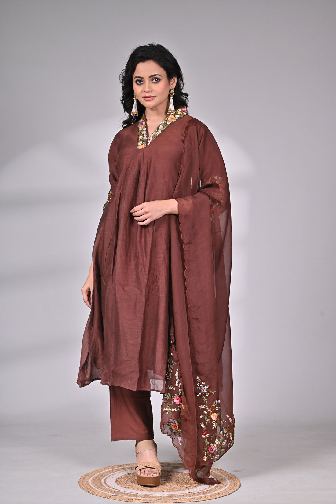 Elegant Brown Cotton Silk Embroidered Suit Set with Dupatta