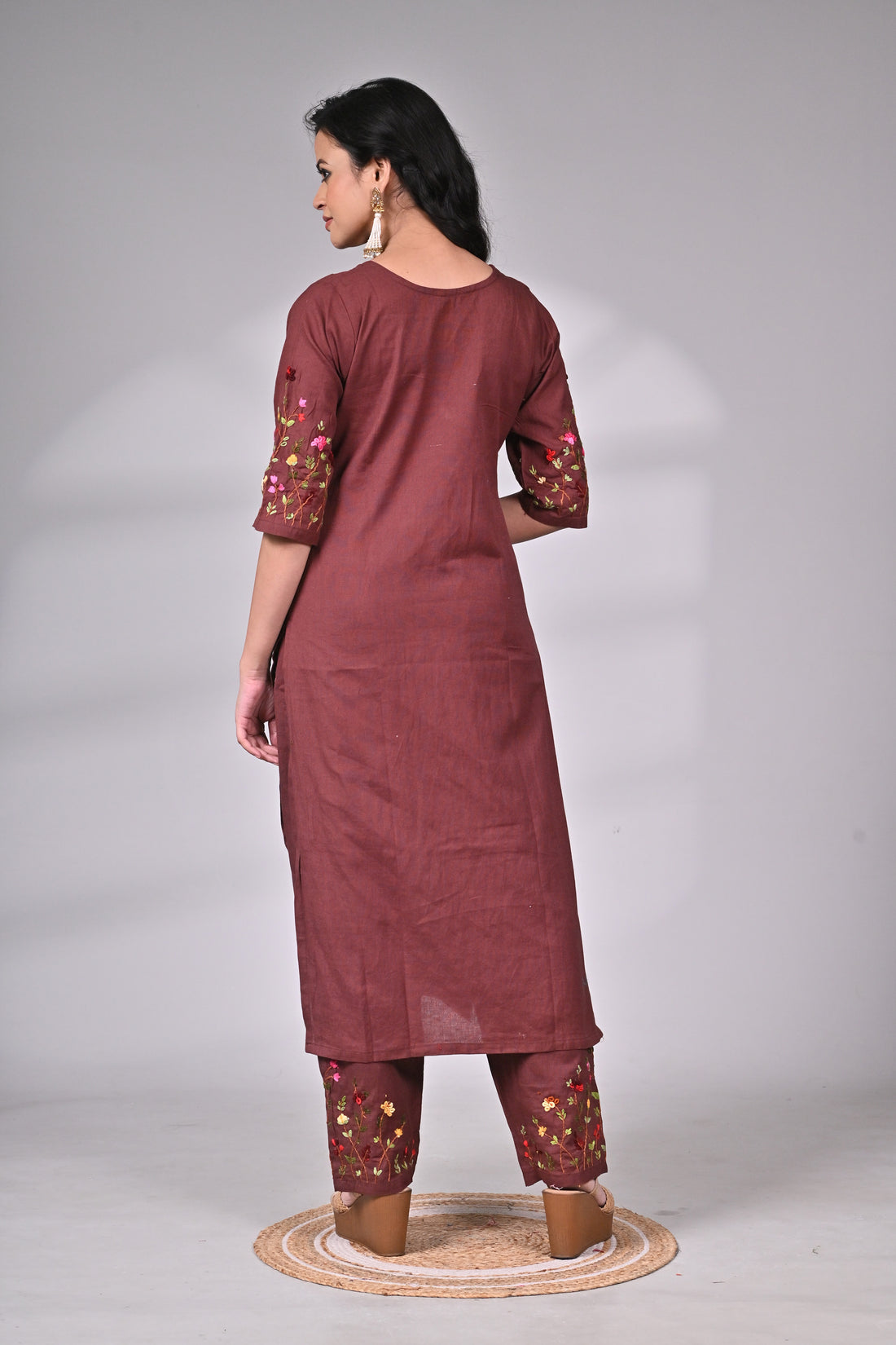 Brown Cotton Suit Set with Hand Embroidery