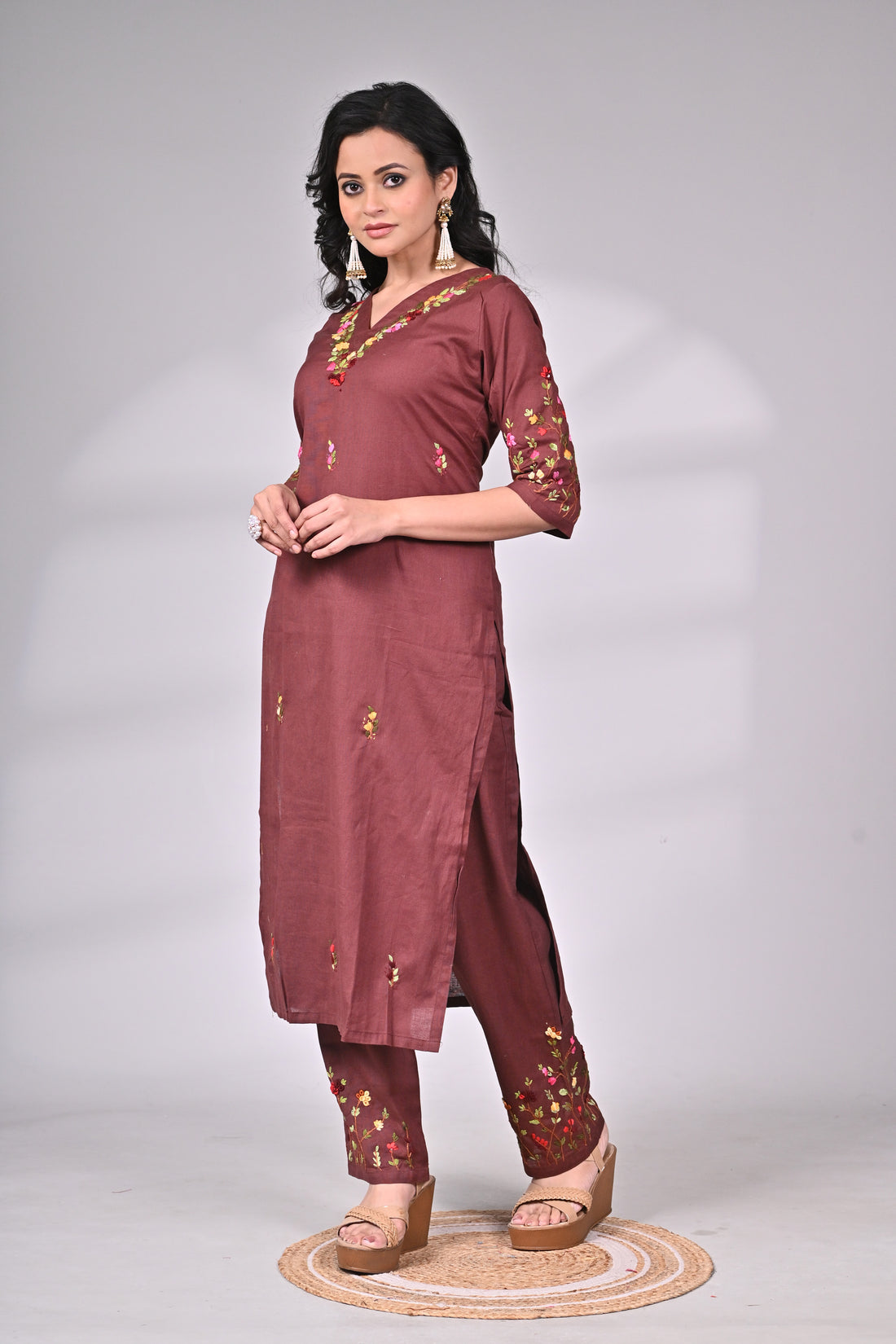 Brown Cotton Suit Set with Hand Embroidery