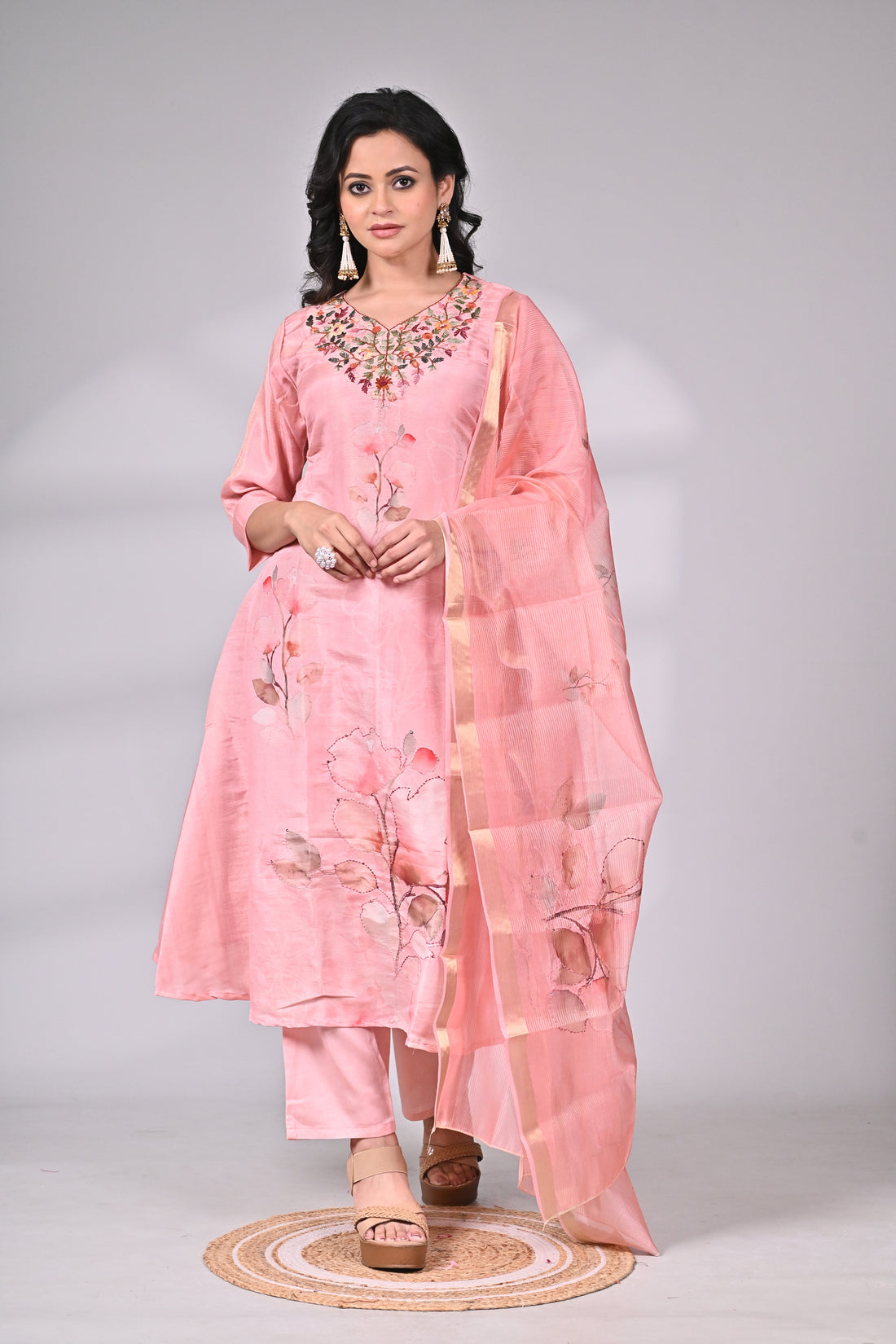 Pink Tissue Silk Embroidered Suit Set with Dupatta