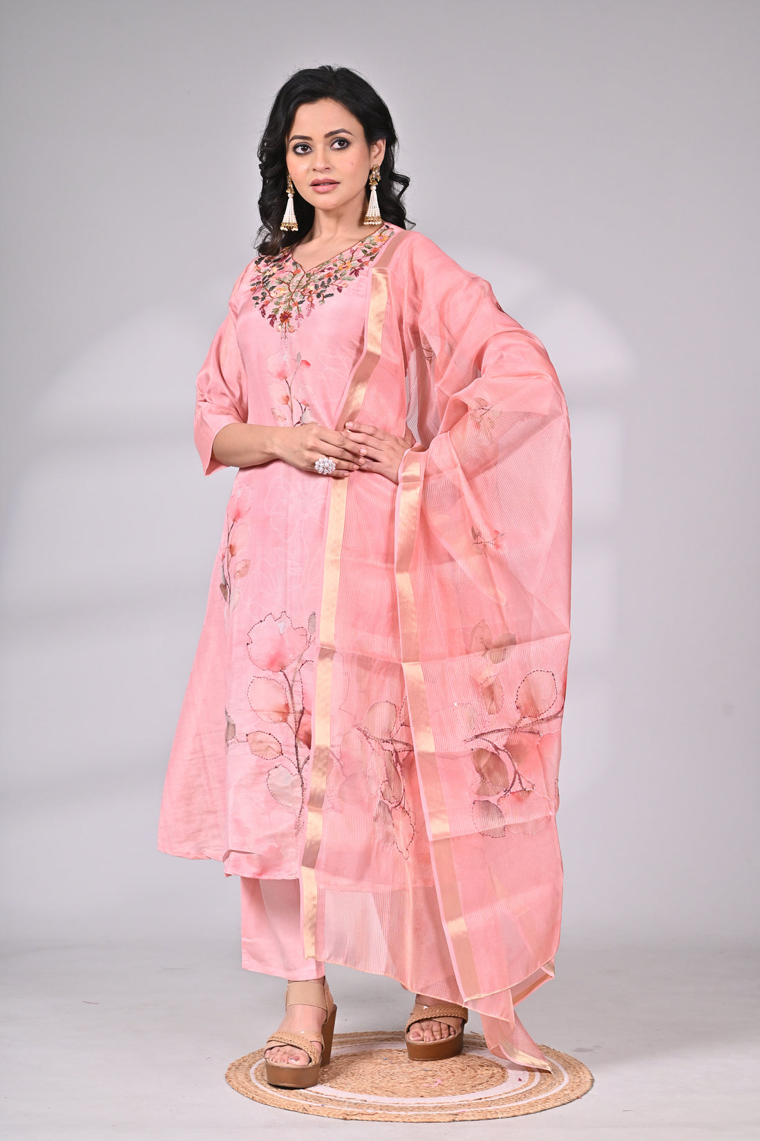 Pink Tissue Silk Embroidered Suit Set with Dupatta
