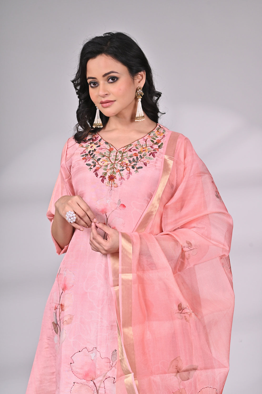 Pink Tissue Silk Embroidered Suit Set with Dupatta