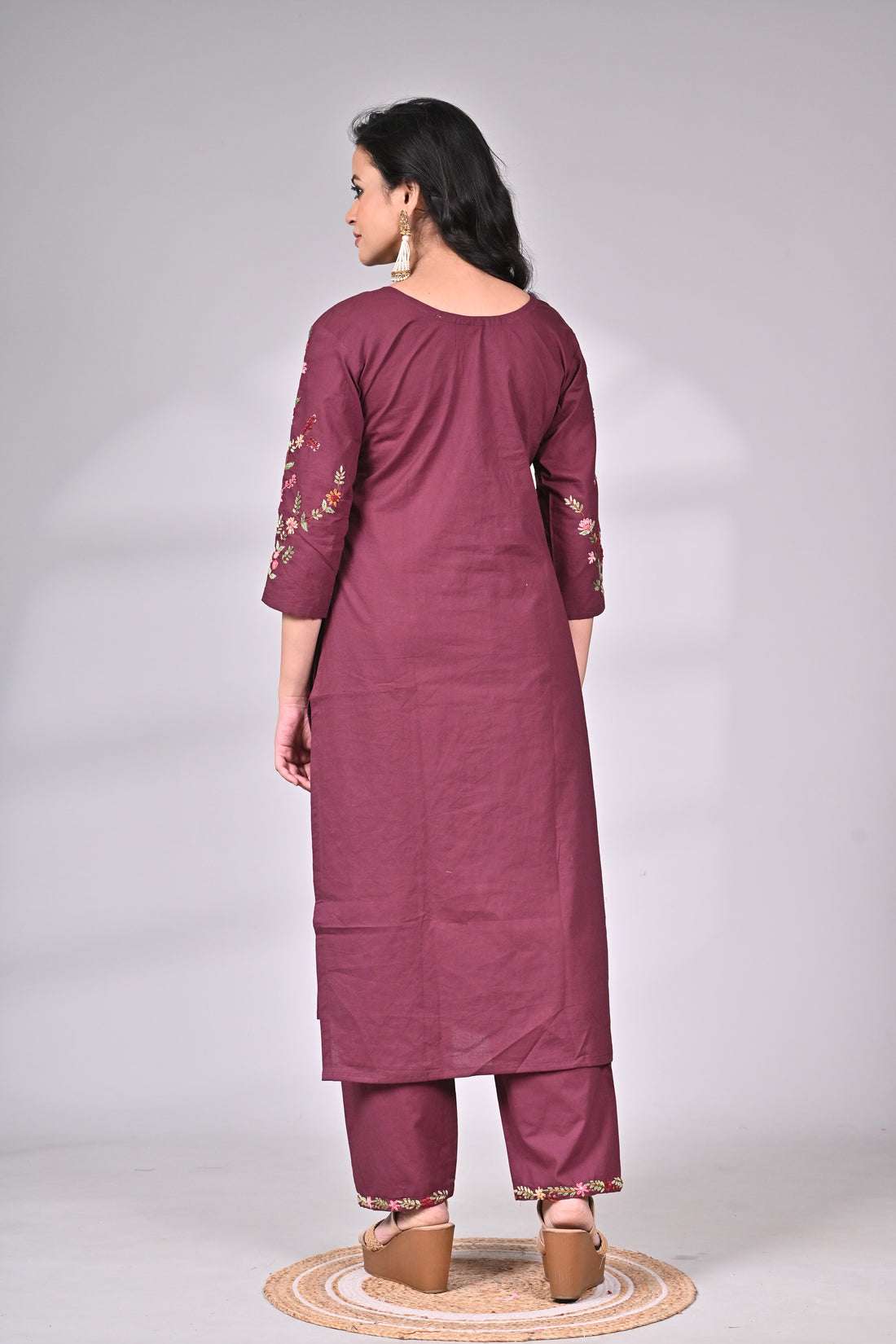 Maroon Cotton Embroidered Suit Set with Straight Pants