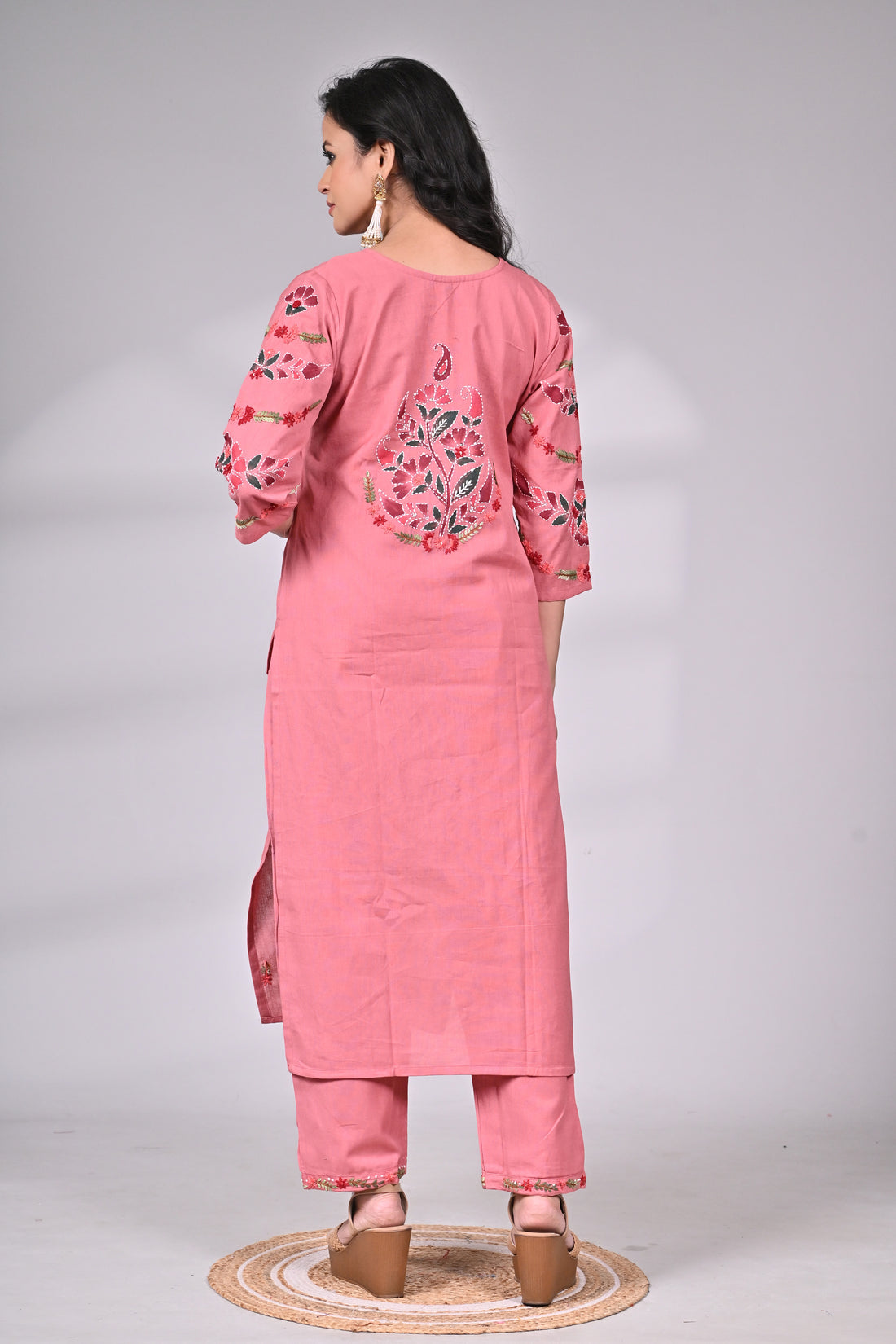 Pink Cotton Embroidered Suit Set with Straight Pants