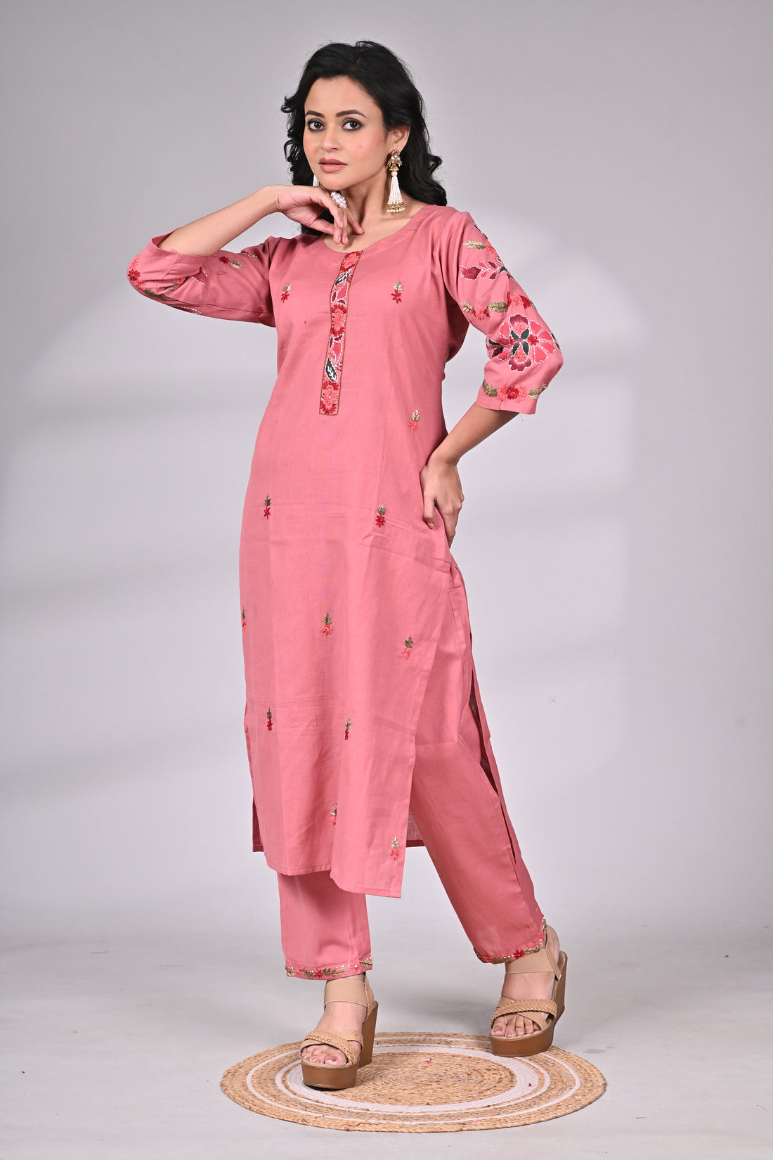 Pink Cotton Embroidered Suit Set with Straight Pants