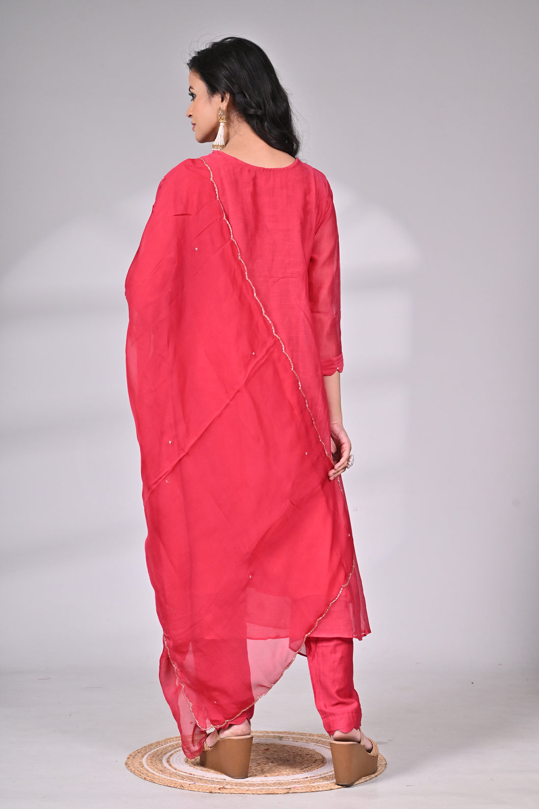 Rani Pink Silk Blend Zari Embroidered Suit Set with Dupatta