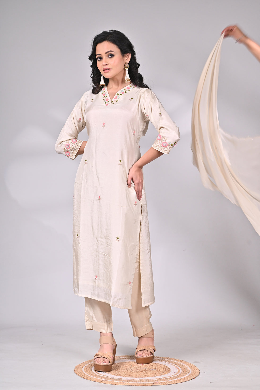 Ivory Silk Blend Suit Set with Zari and Thread Embroidery